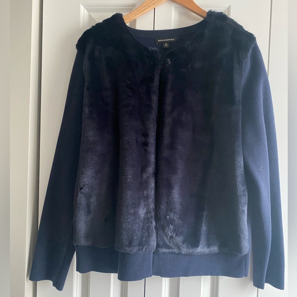 Banana Republic Faux Fur Sweater Jacket, Navy, Size XL